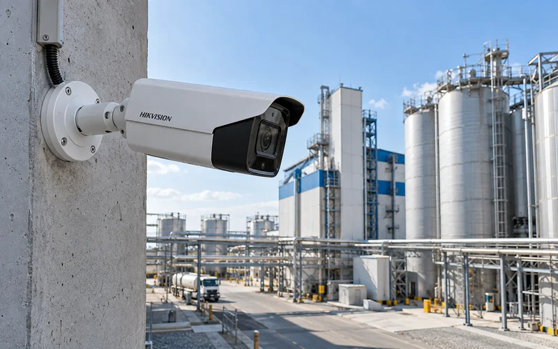 Уличная Hikvision на стене заводского корпуса, в кадре вся площадка перед ним