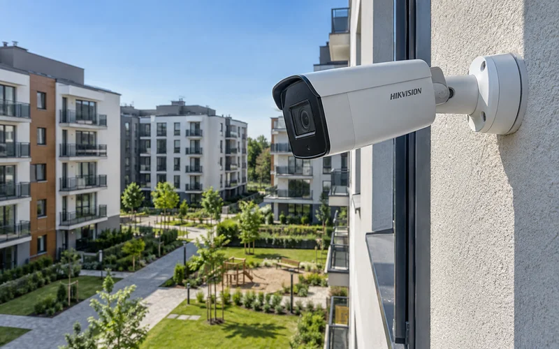 Hikvision на фасаде многоэтажки, двор в кадре