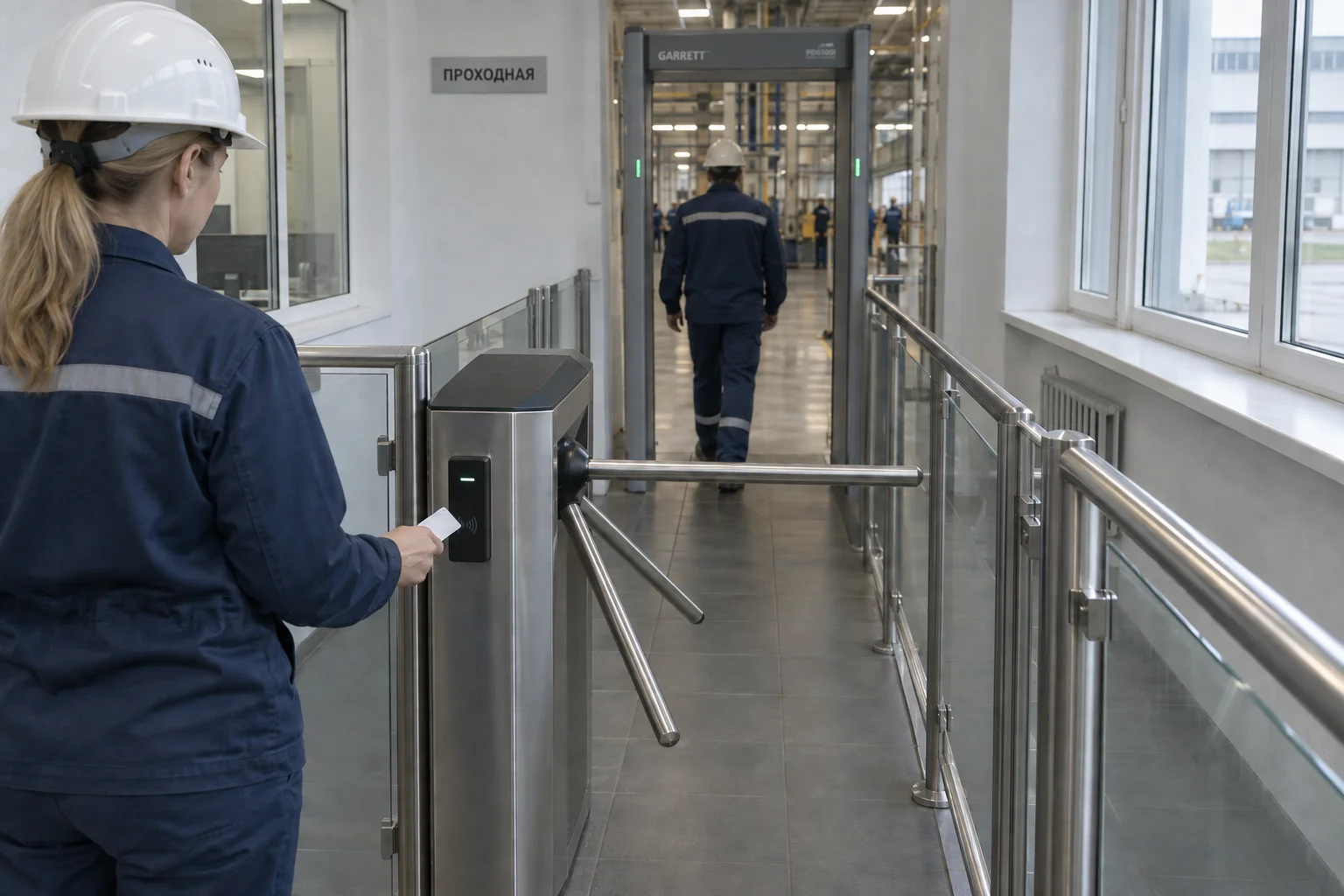 Сотрудница у турникета-трипода, позади проход через металлодетектор